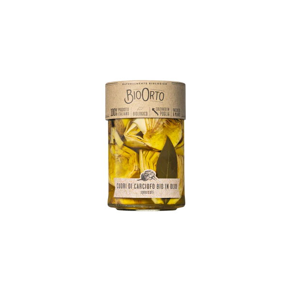 Bottle of BioOrto Artichokes with a label on a white background