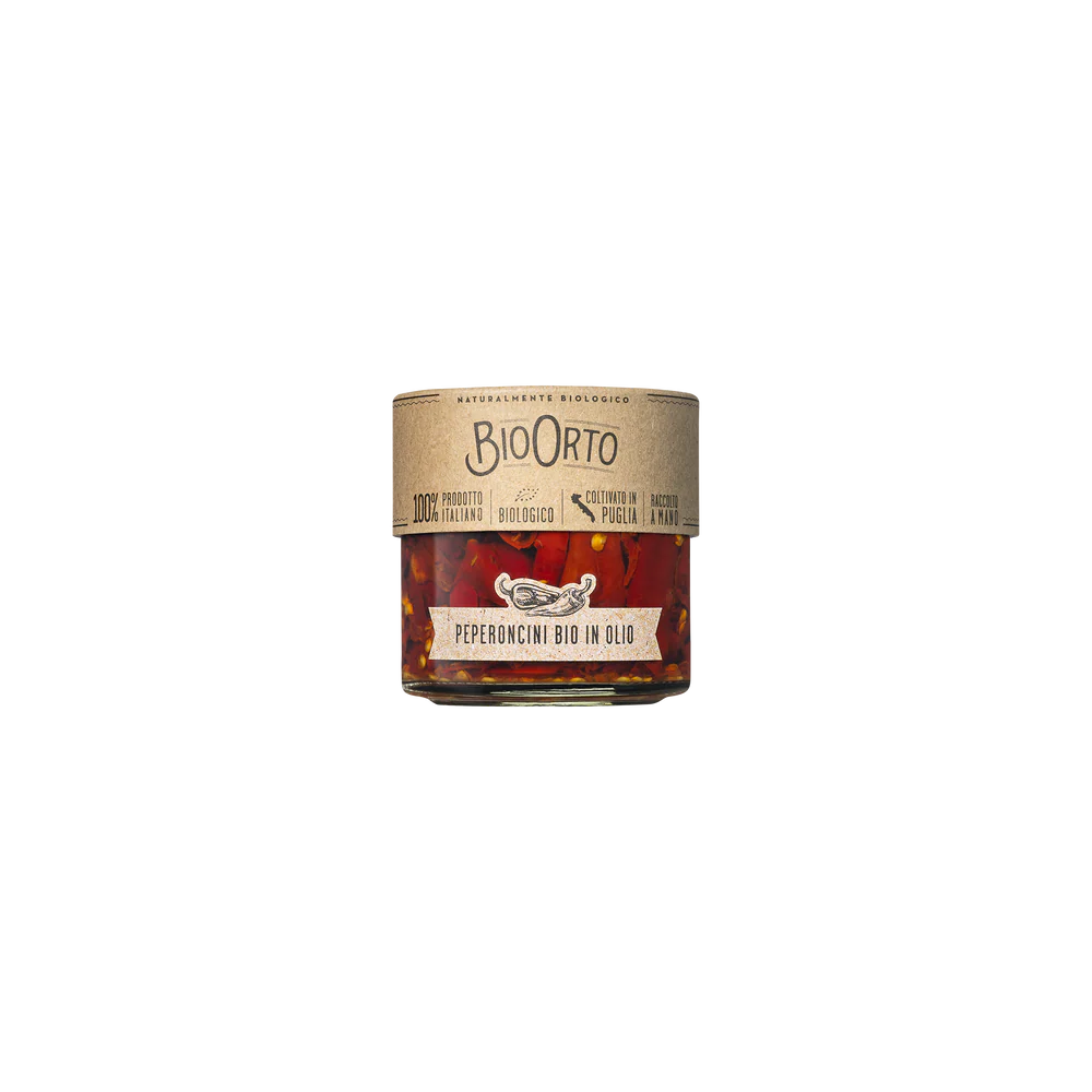 Jar of BioOrto pepperoncini on a white background