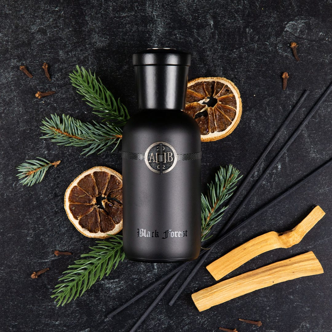 Black bottle with decorative elements on a dark background