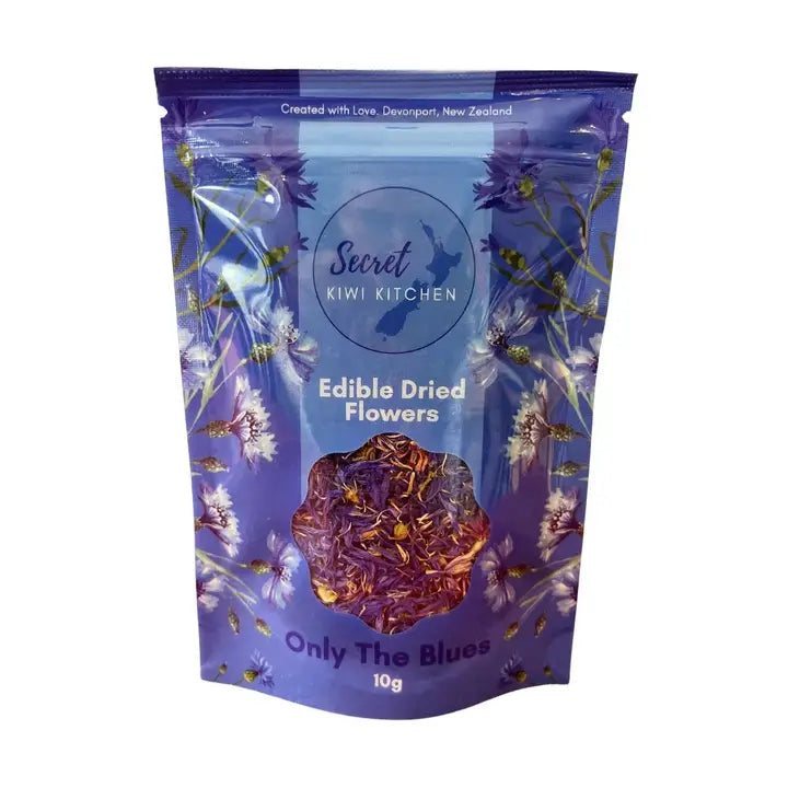 Purple package of Secret Kiwi Kitchen Edible Dried Flowers on a white background