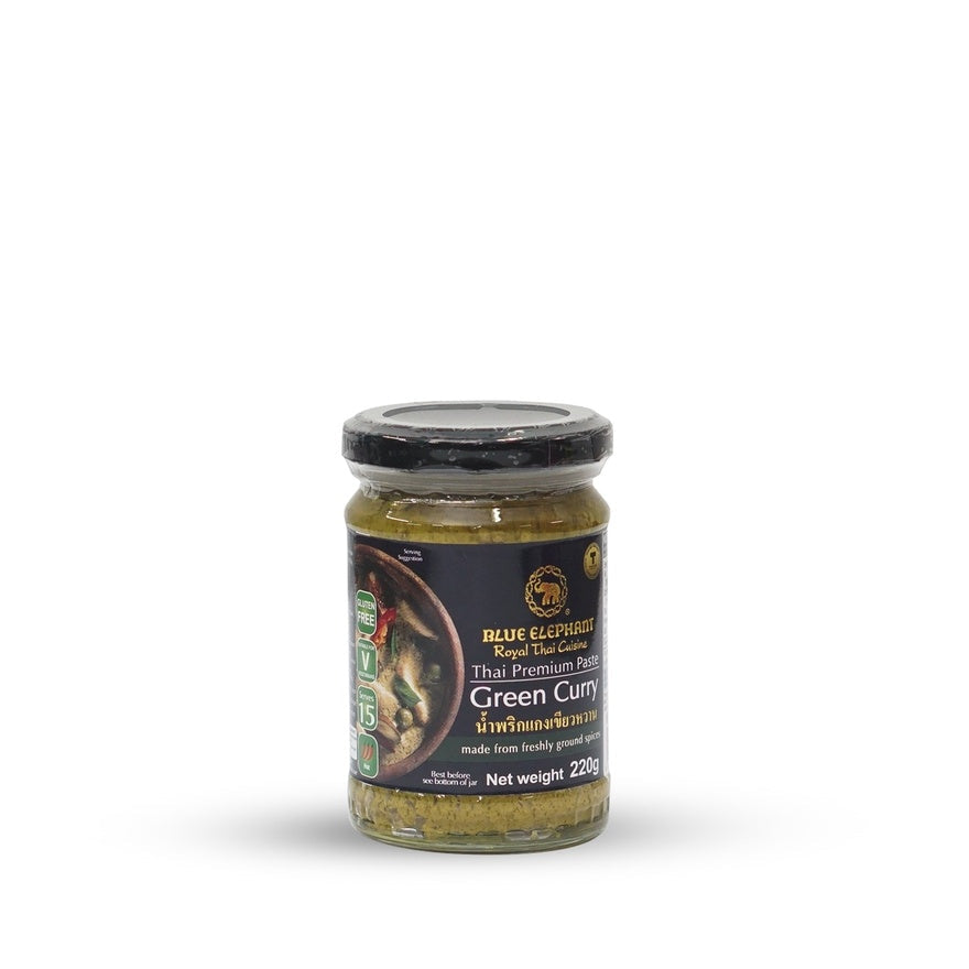 Jar of Blue Elephant Green Curry Paste on a white background