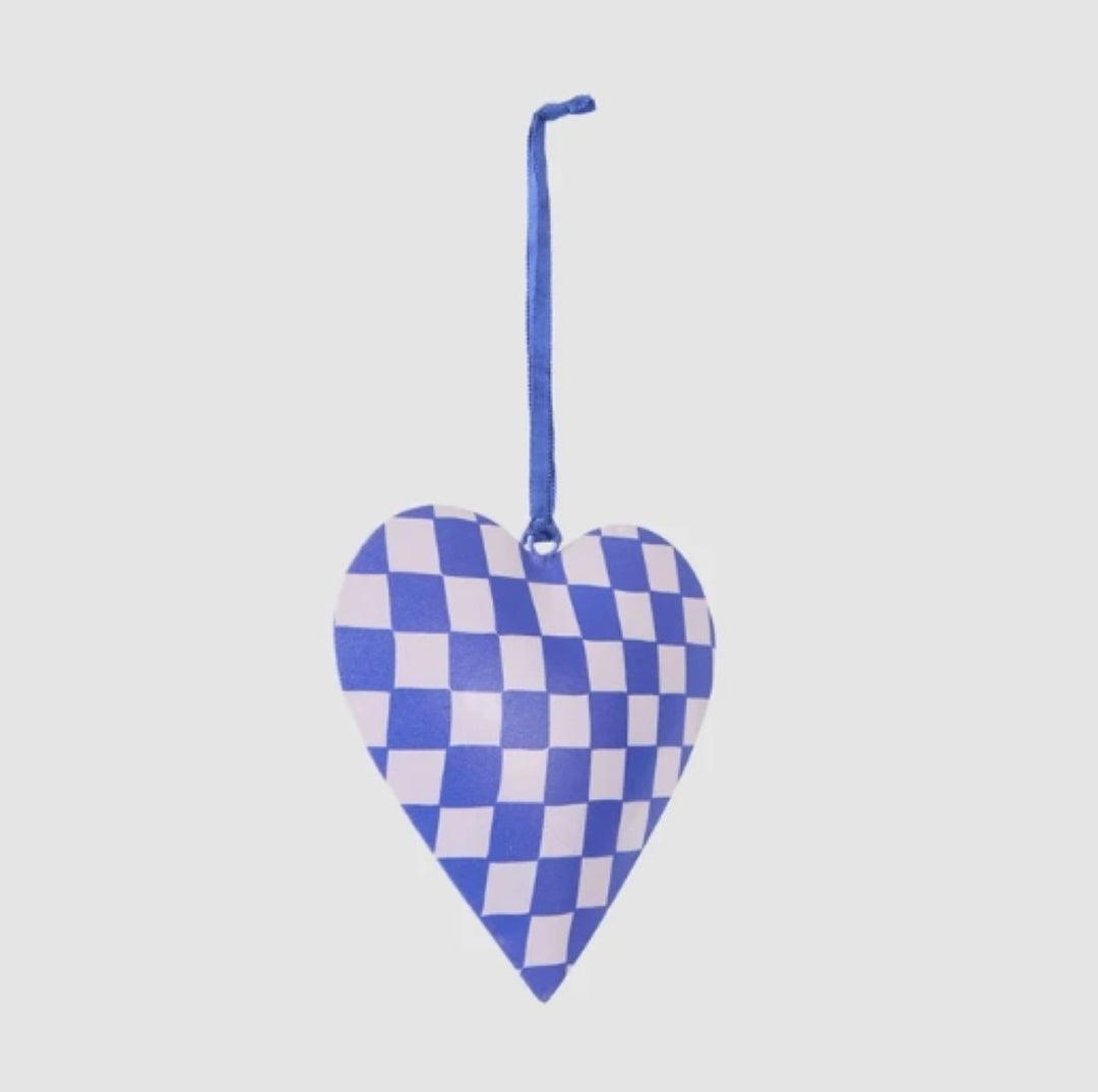 Blue Check Heart Ornament