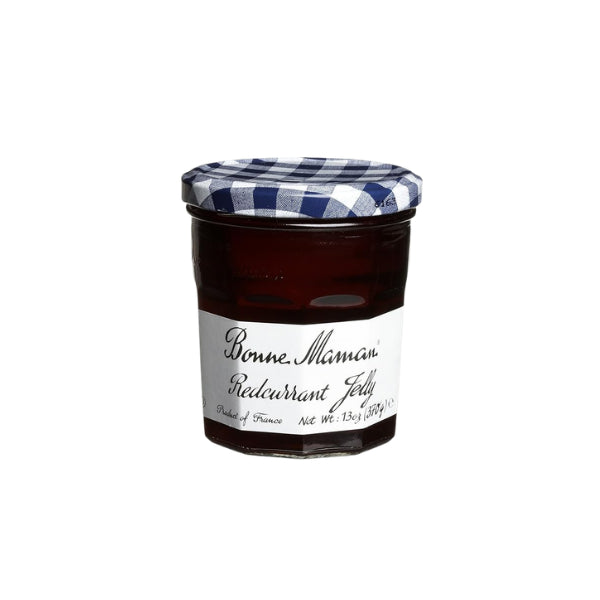 Jar of Bonne Maman Redcurrant Jelly with a checkered lid on a white background