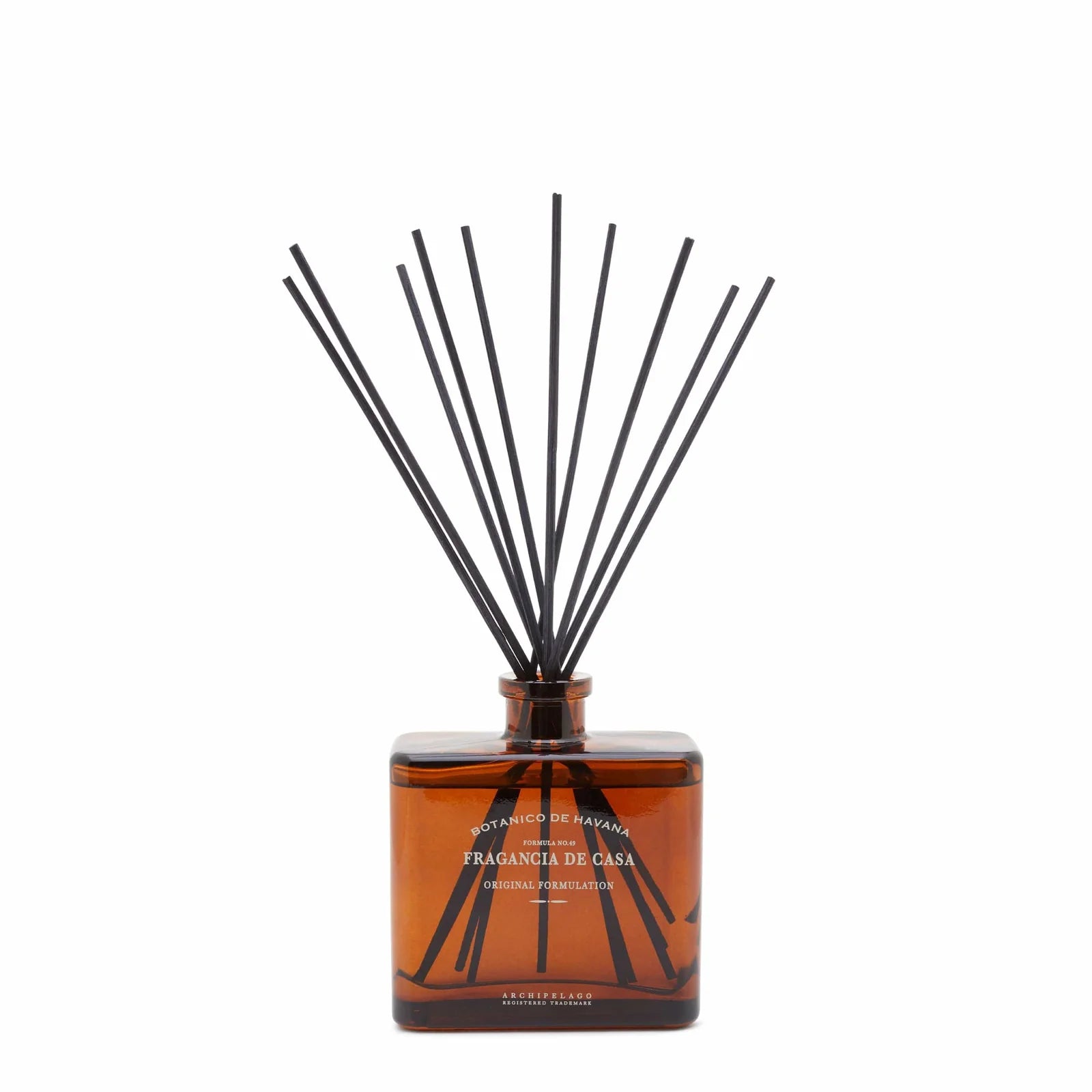 Aromatherapy diffuser with black reeds in an amber bottle on a white background