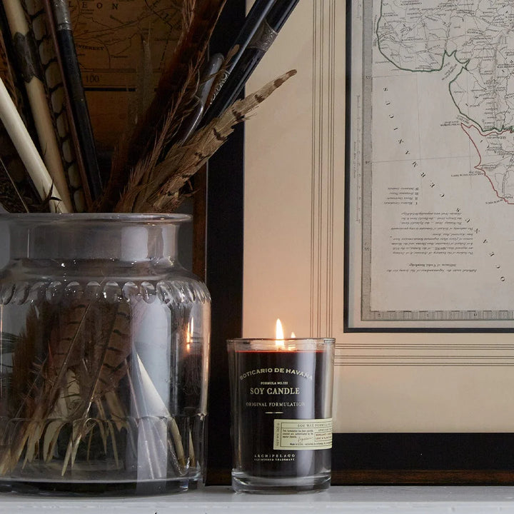 Candle with a decorative jar and feather arrangement on a surface, with a framed map in the background.