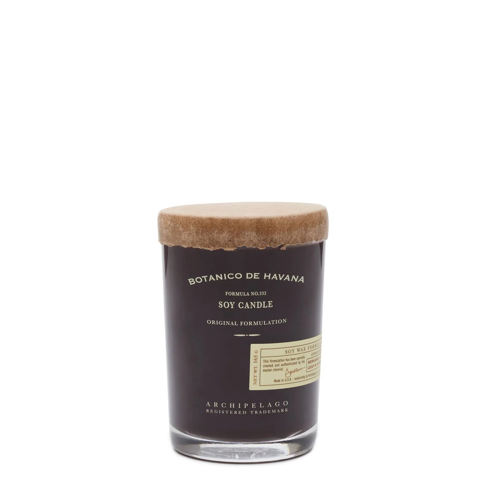 Soy candle with a brown lid and label on a white background