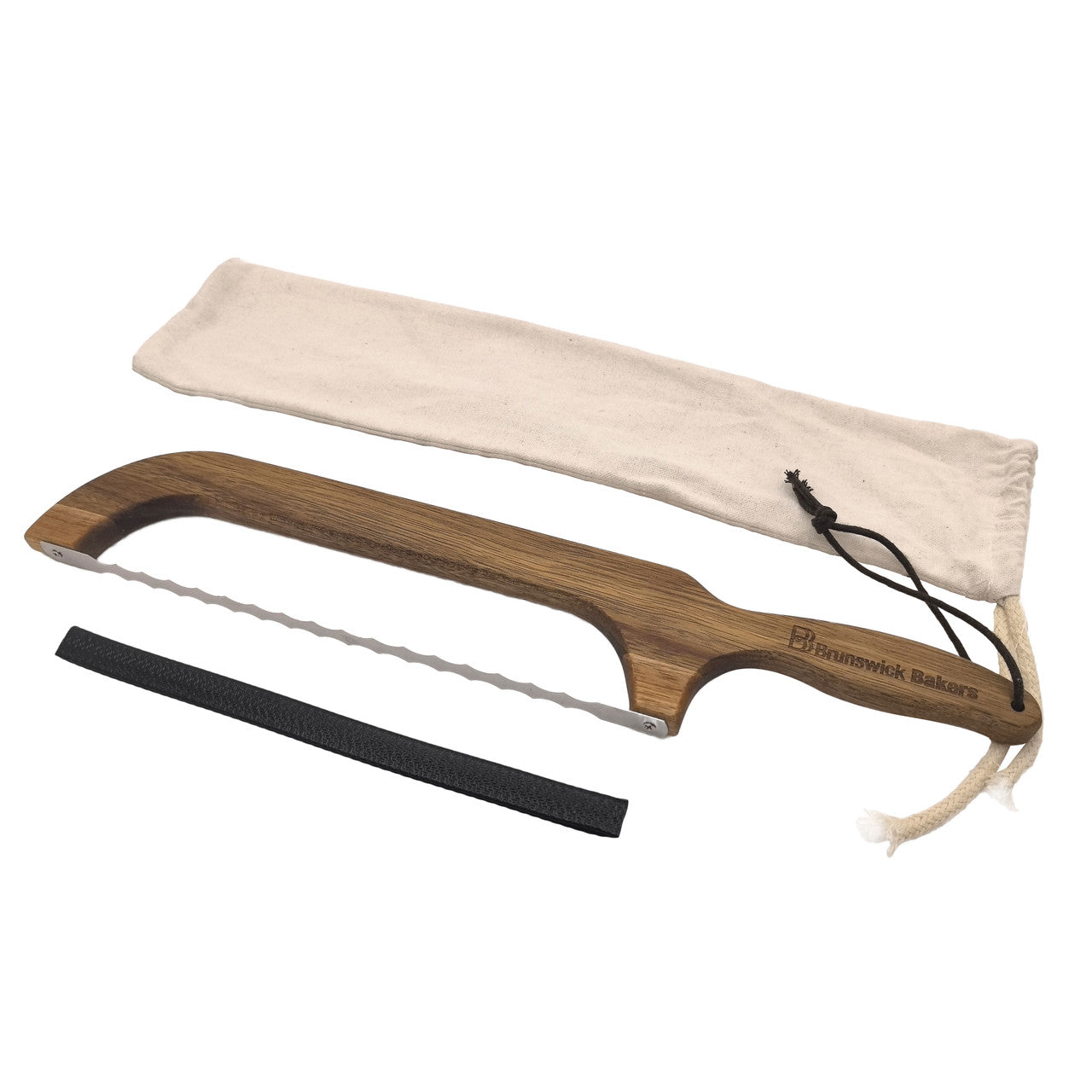 Wooden bow sourdough knife with a cover and bag on a white background