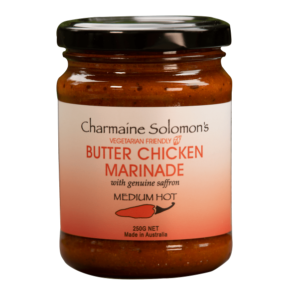 Jar of Charmaine Solomon's Butter Chicken Marinade with a red label on a white background