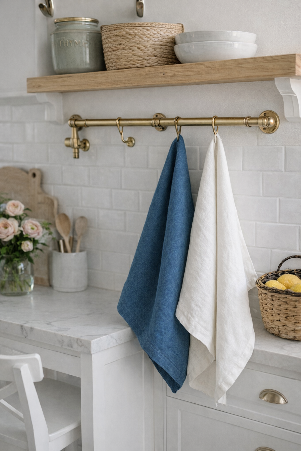Kitchen with wooden shelves, brass towel rack, and white marble countertop.