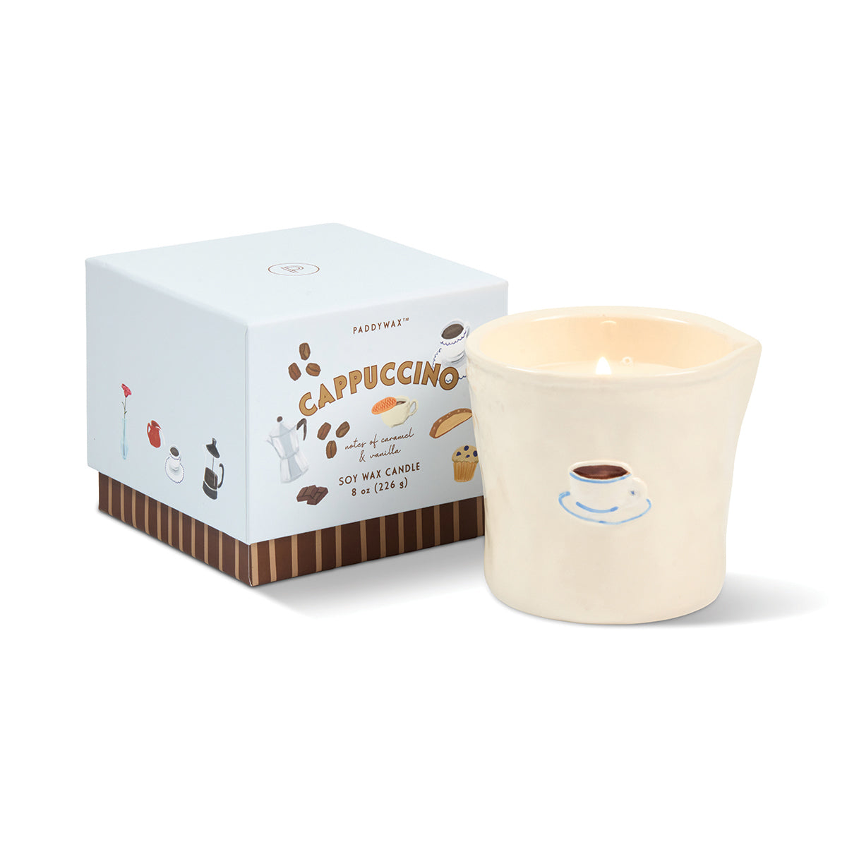 Candle in a cup with 'Cappuccino' packaging on a white background