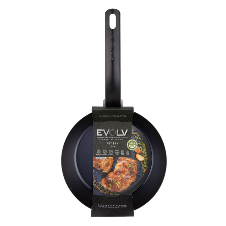 Black frying pan with Evolv branding on a white background