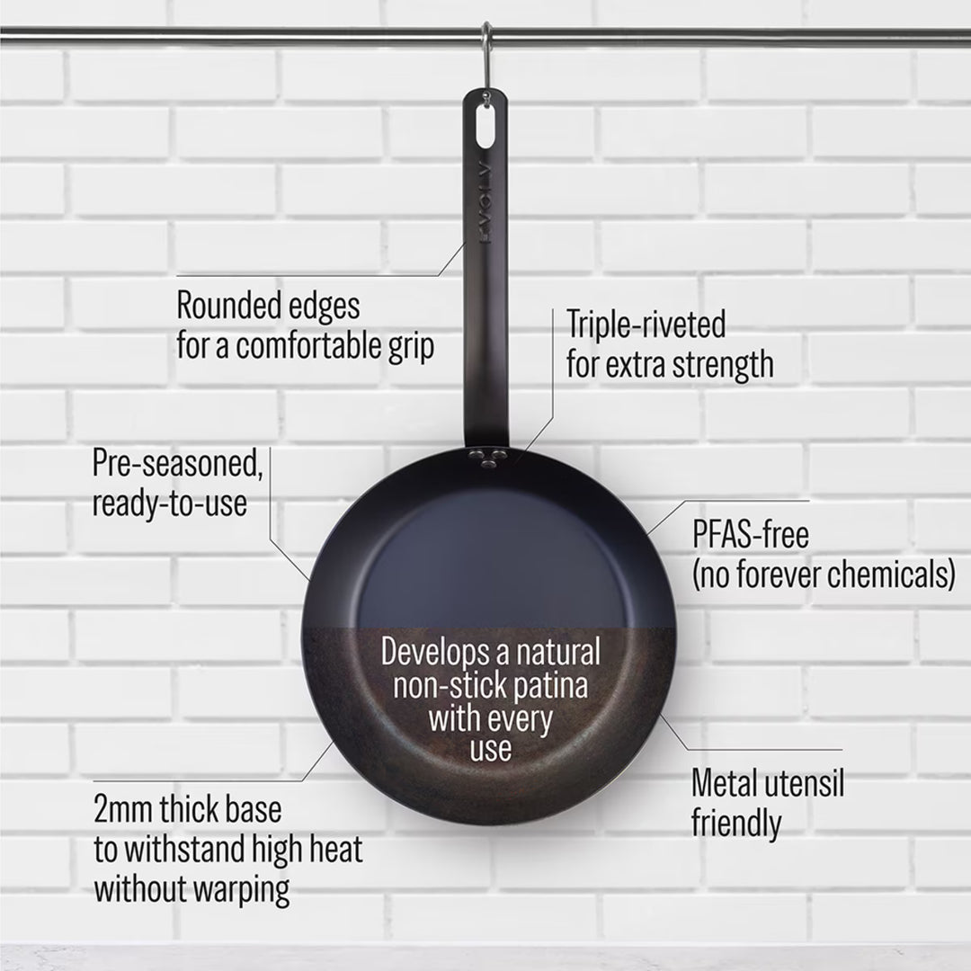 Black frying pan with text highlighting features on a white brick wall background