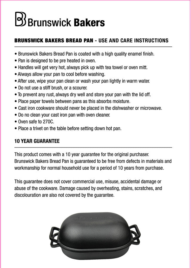 Brunswick Bakers bread pan with use and care instructions on a white background