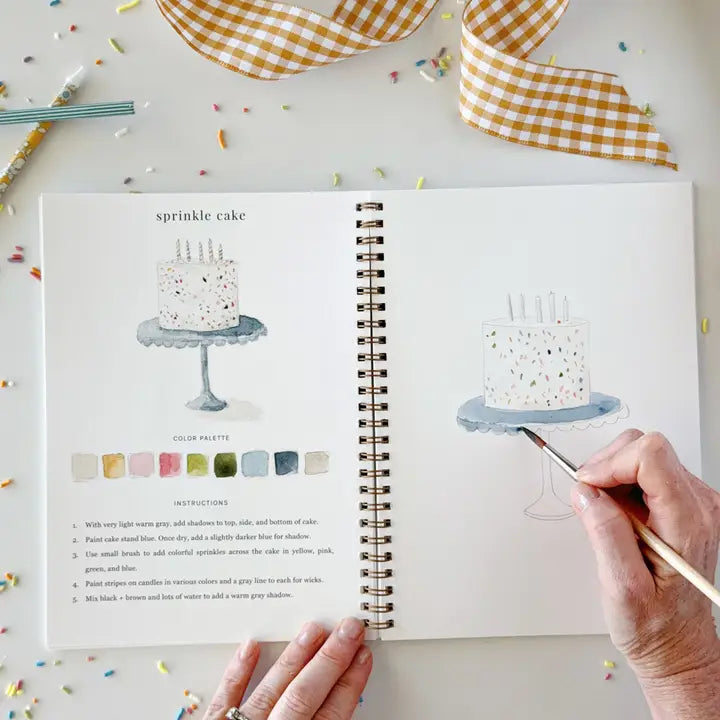A hand painting a birthday cake on a cake stand with the other page giving instructions