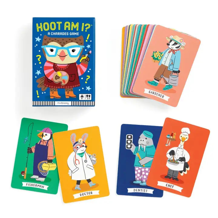Card game 'Hoot Am I?' with character cards on a white background