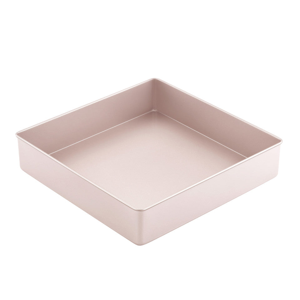 Square pink tin on a white background