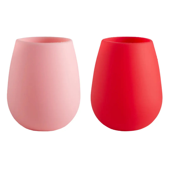 Two colorful tumblers, one pink and one red, on a white background