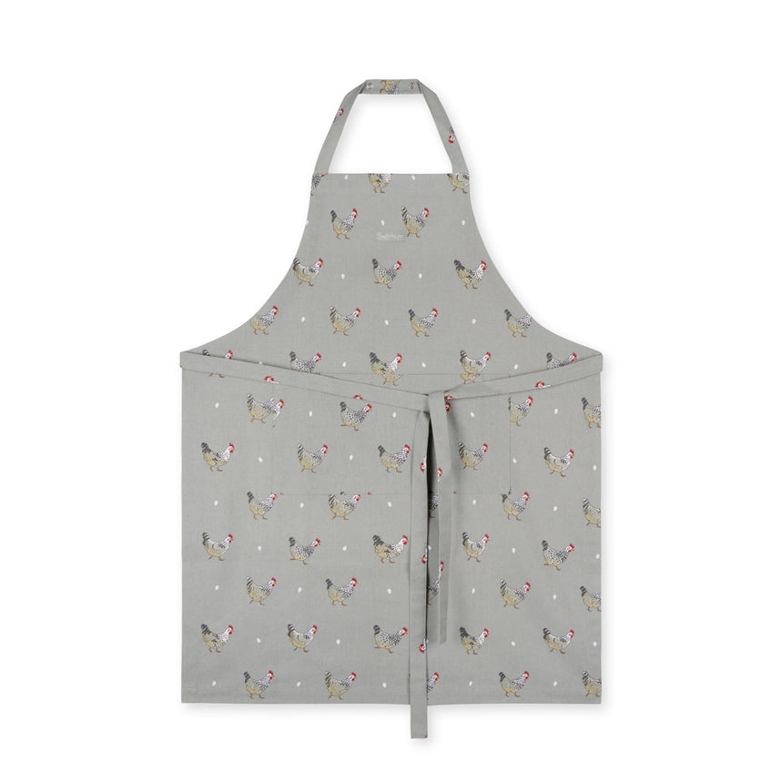 Gray fabric apron with repeating chicken pattern on a white background
