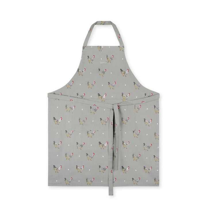 Gray fabric apron with repeating chicken pattern on a white background
