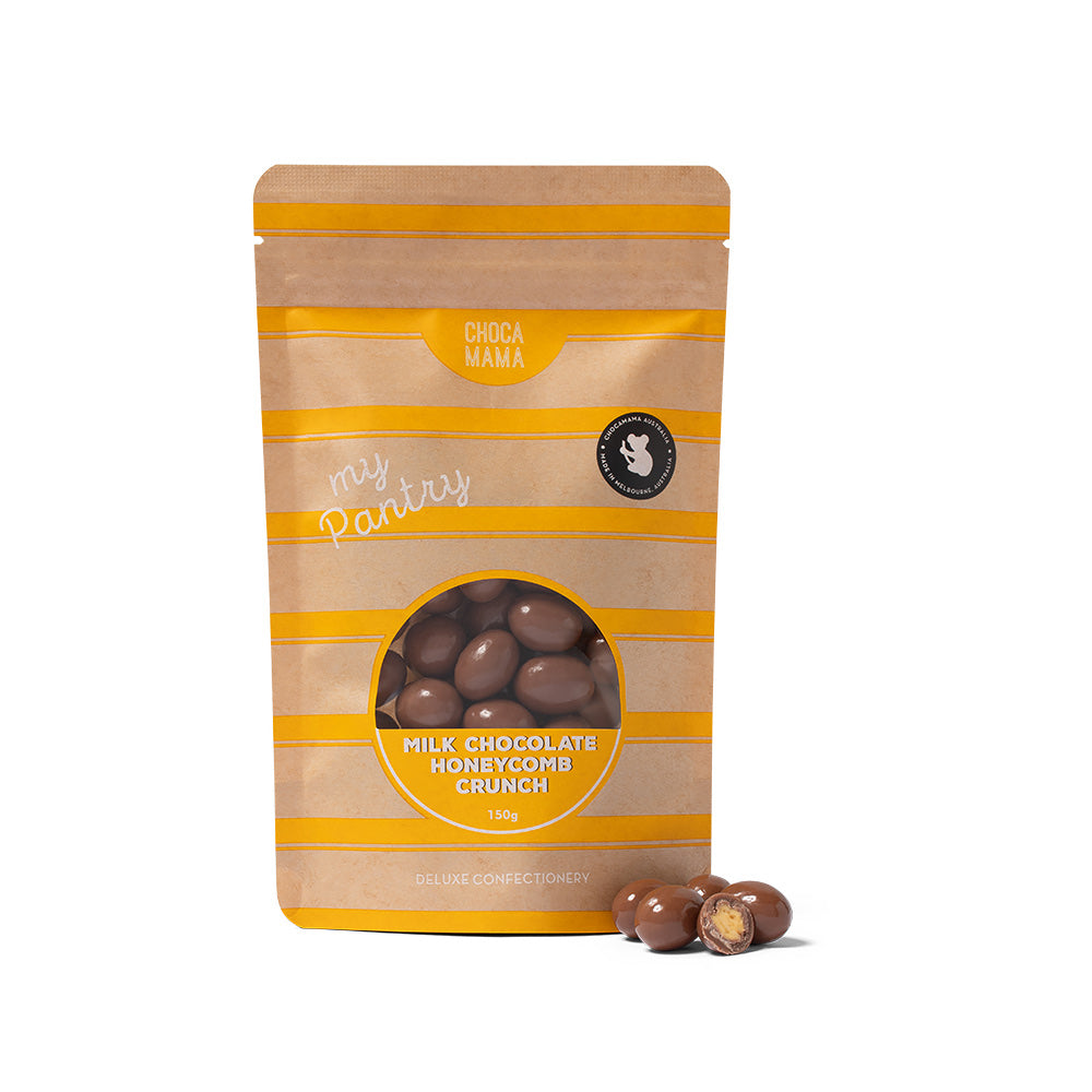 A kraft bag of chocamama milk chocolate honeycomb crunch