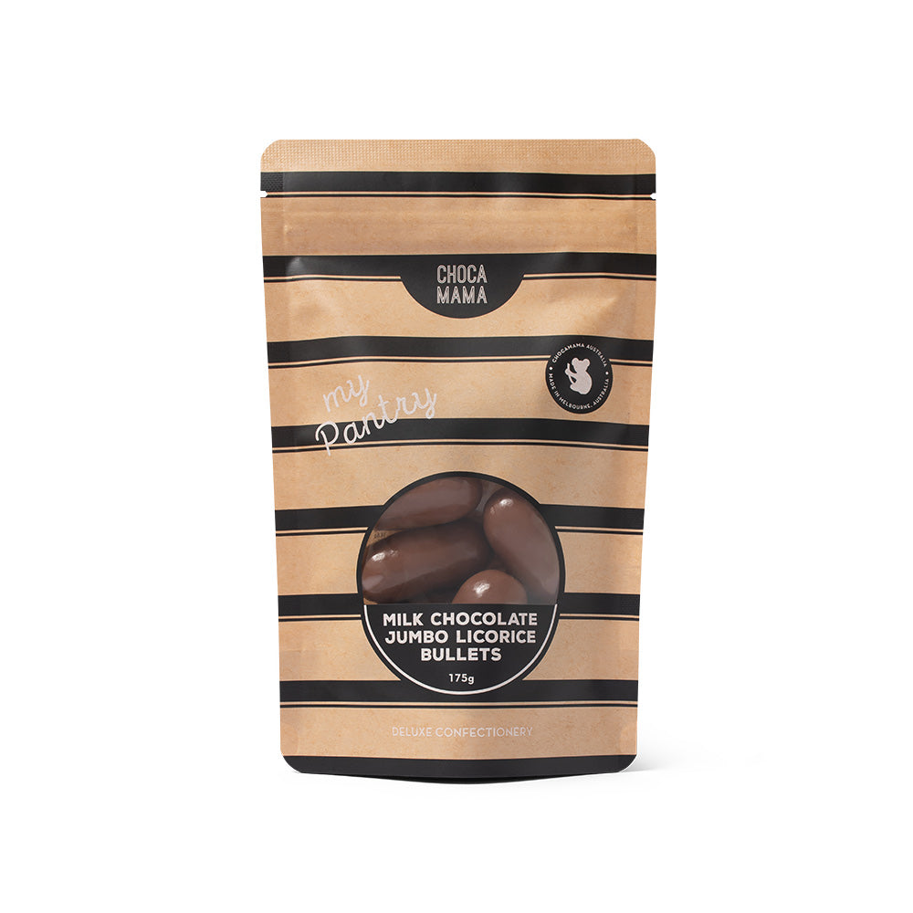A kraft bag of Chocamama milk chocolate jumbo bullets
