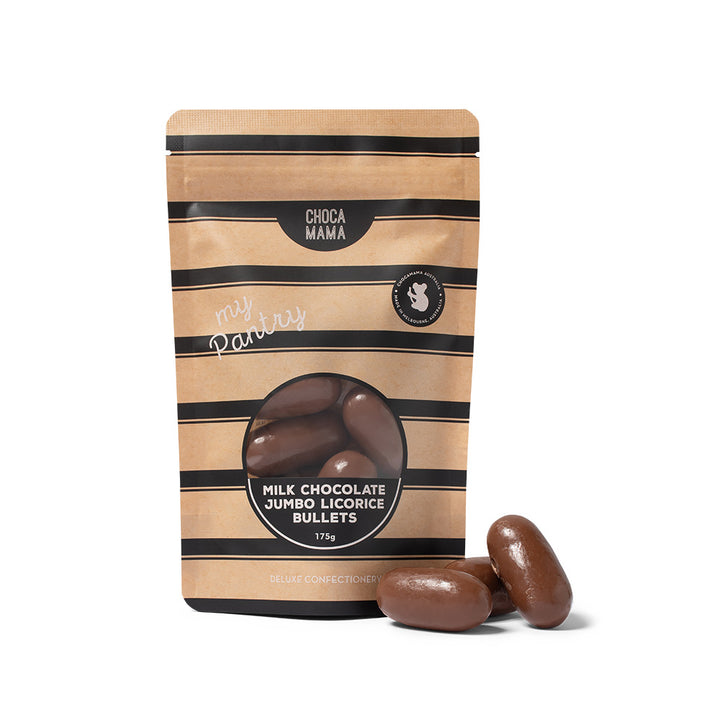 A kraft bag of Chocamama milk chocolate jumbo bullets