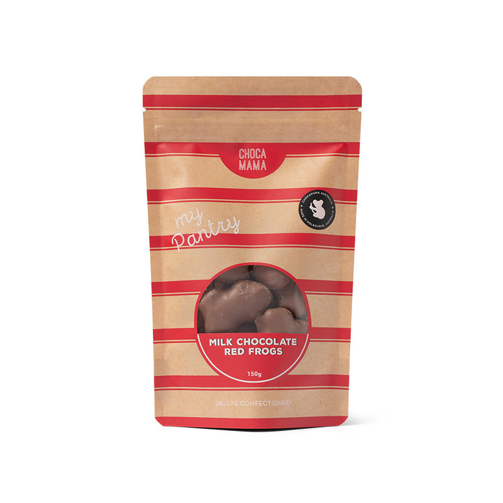 A stand-up pouch of My Pantry Choca Mama Milk Chocolate Red Frogs, 150g, featuring a kraft paper design with red stripes and a circular window showing the chocolate frogs inside.