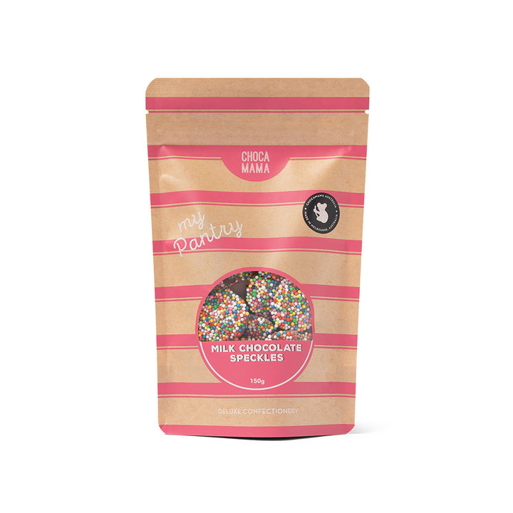 Packaging of Choco Mama milk chocolate speckles on a white background
