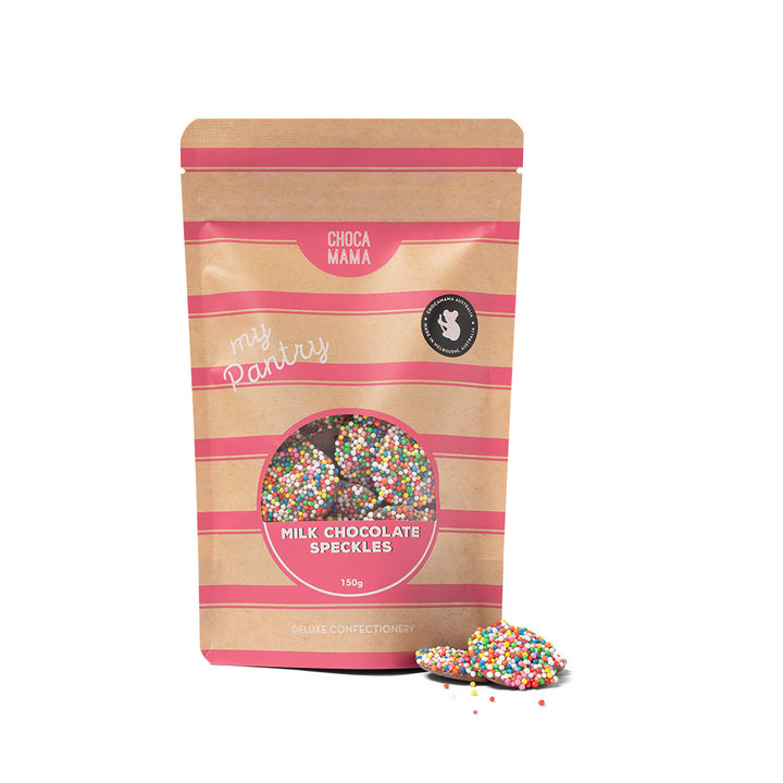 Bag of ChocaMama milk chocolate speckles on a white background