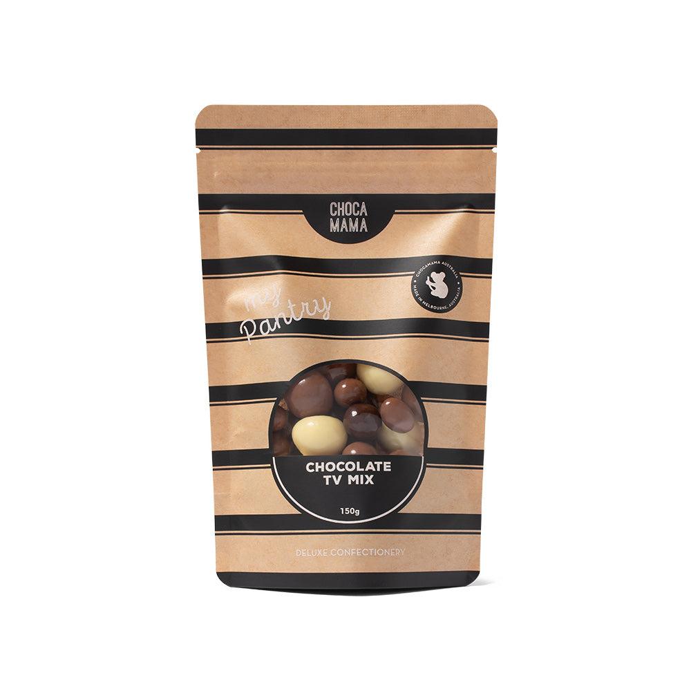 A stand-up pouch of Parfity Choca Mama Chocolate TV Mix, 120g, featuring a kraft paper design with black horizontal stripes and a circular clear window showing the chocolate mix inside.