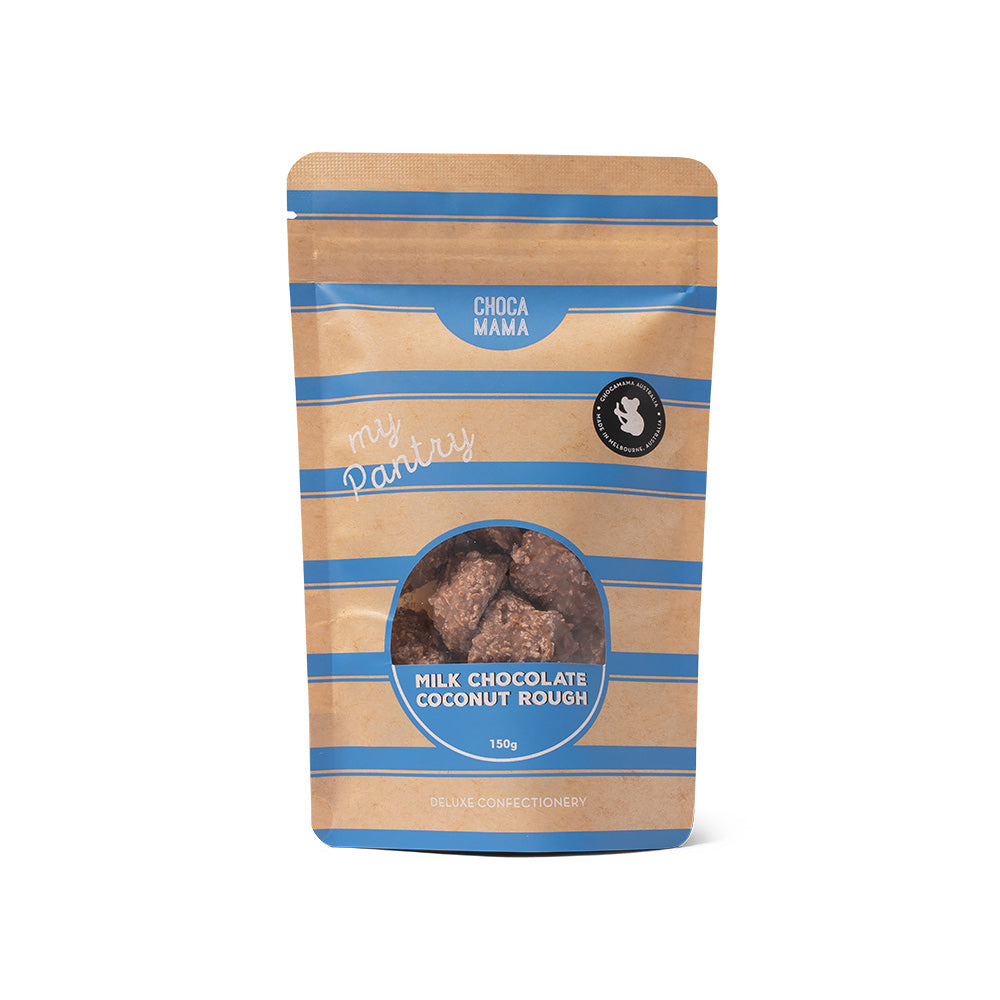 A stand-up pouch of milk chocolate coconut rough on a plain white background. The packaging is kraft brown with blue horizontal stripes and a circular clear window showing the brown chocolate pieces inside.