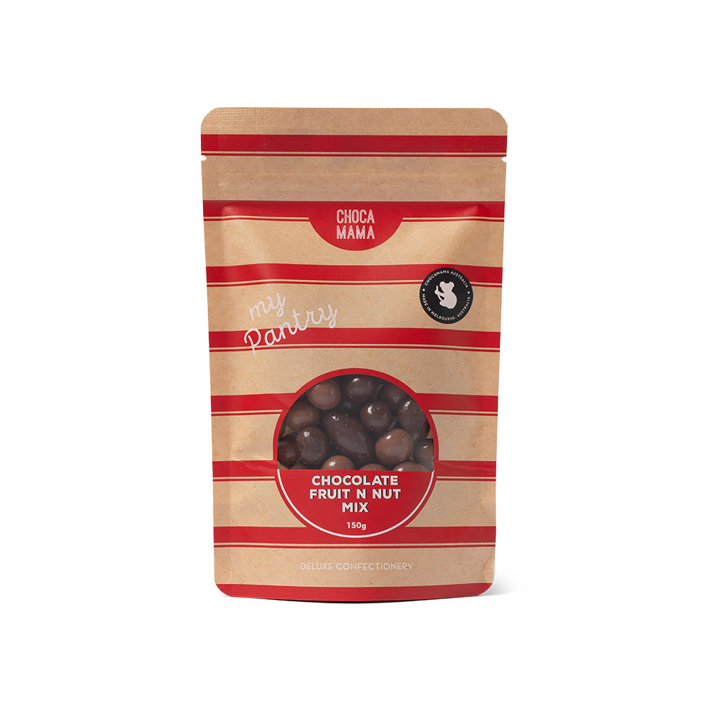 A stand-up pouch of Chocamama's Chocolate Fruit N Nut Mix on a plain white background. The packaging is kraft brown with red horizontal stripes and features a circular clear window showing the dark brown chocolate mix inside.