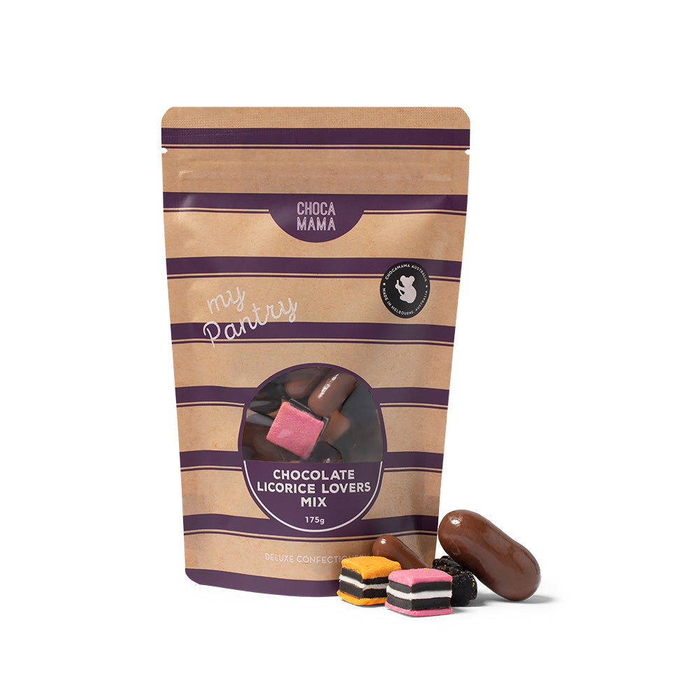 A kraft bag with purple stripes with Chocamama;s chocolate licorice lovers mix inside.  