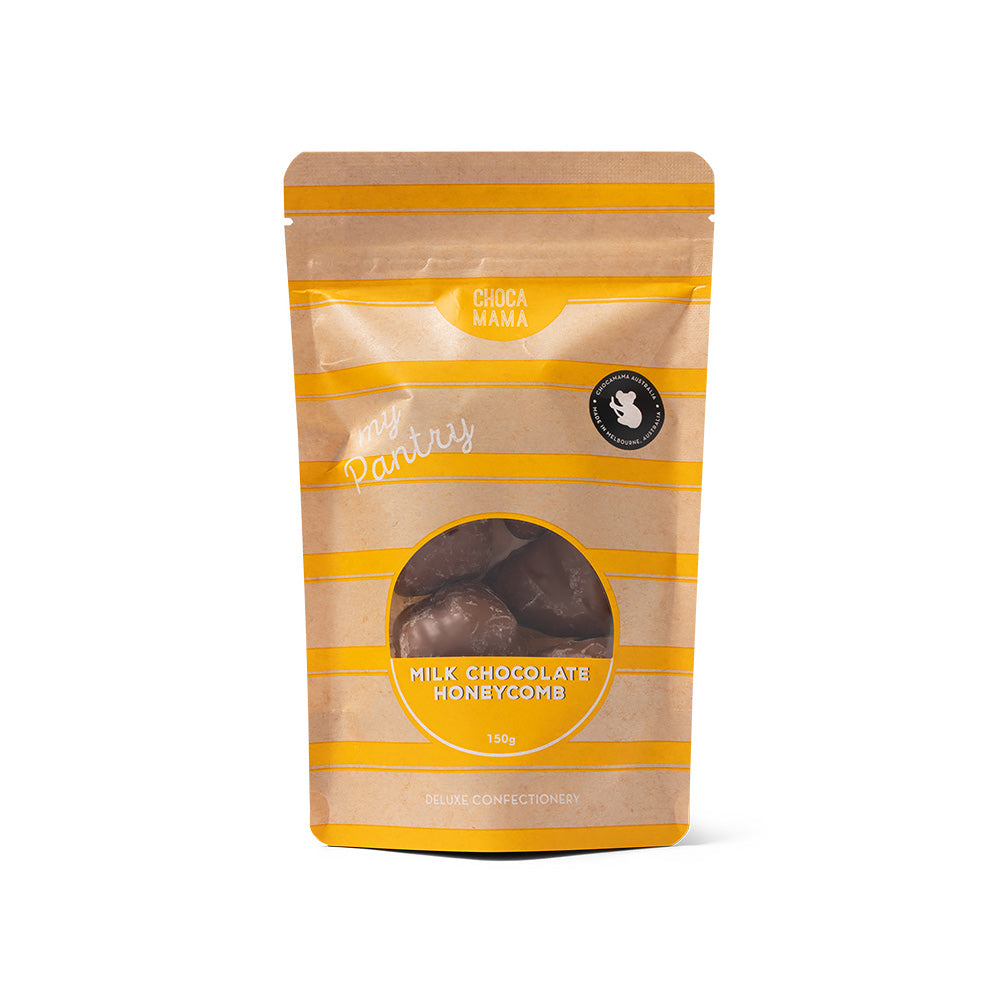 A stand-up pouch of milk chocolate honeycomb by the brand Chocochima and Bakes, featuring a kraft paper design with yellow stripes and a circular window showing the chocolate pieces inside.