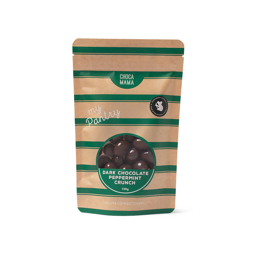 A stand-up kraft paper pouch of Choca Mama Dark Chocolate Peppermint Crunch, featuring green horizontal stripes and a clear window showing the dark chocolate pieces inside.