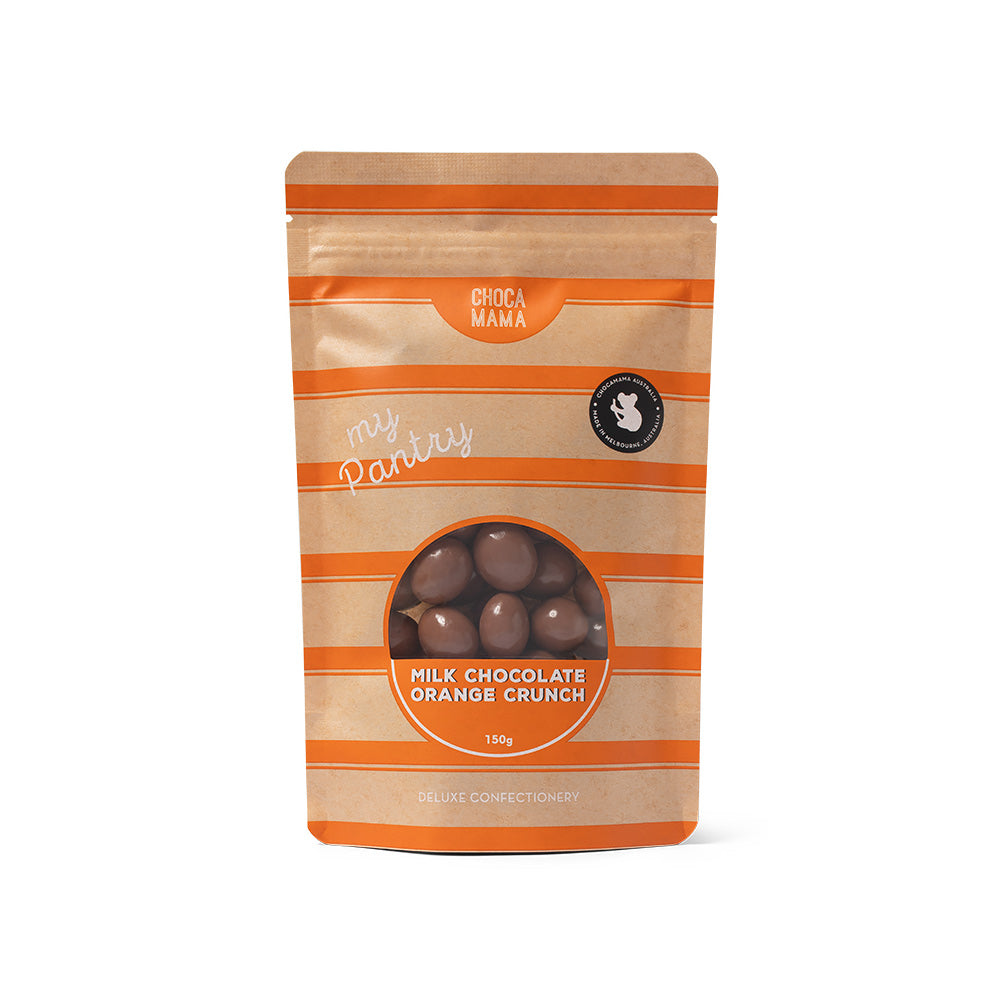 Packaged milk chocolate orange crunch with visible brand on a white background
