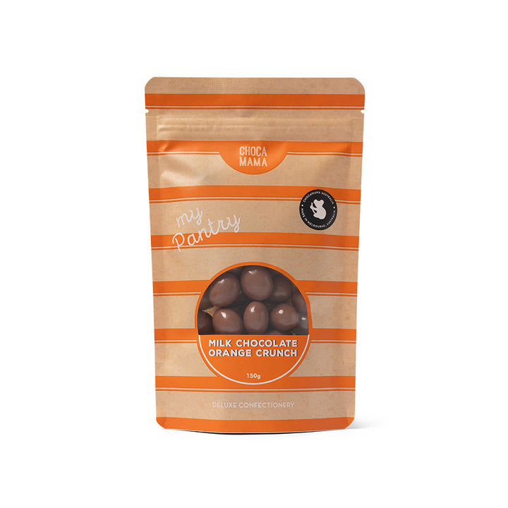 Packaged milk chocolate orange crunch with visible brand on a white background