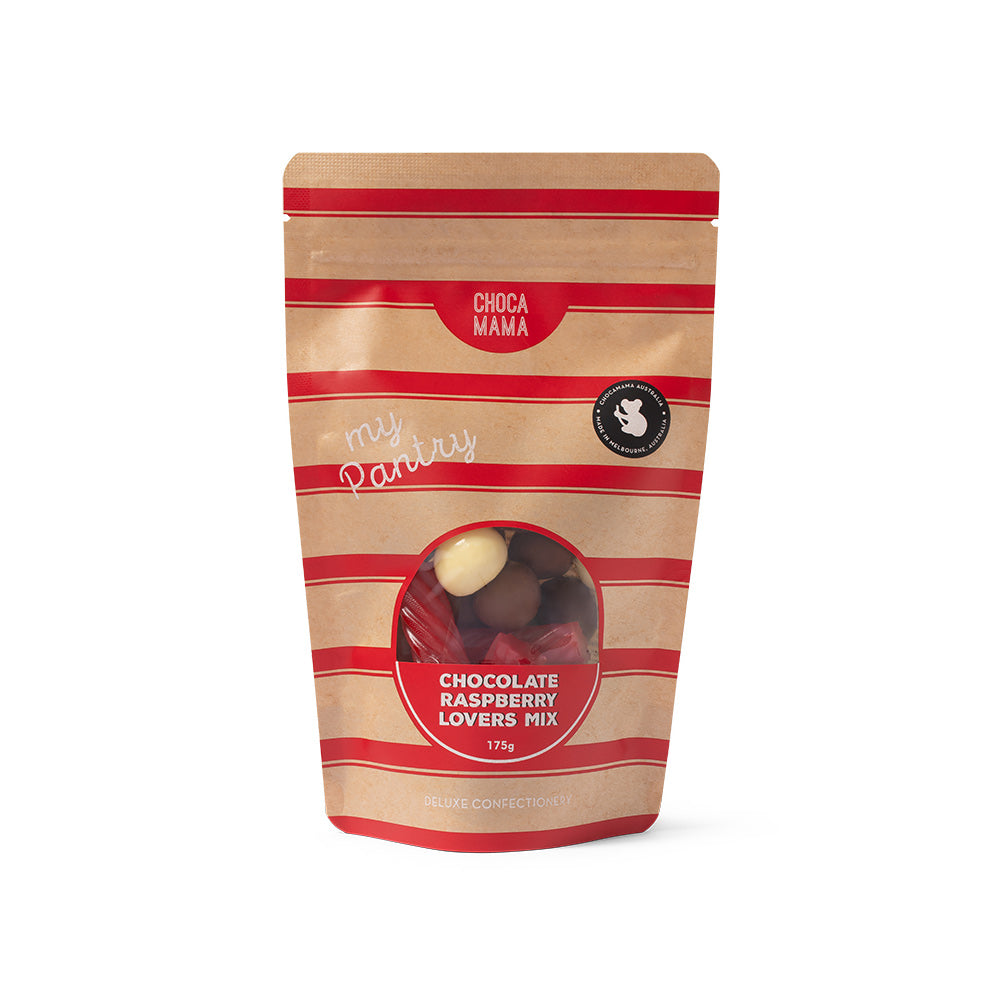 A kraft bag of Chocamama raspberry lovers mix