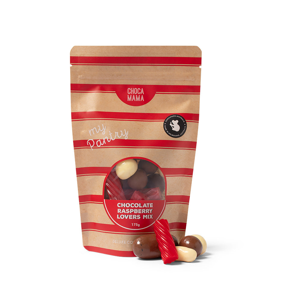 A kraft bag of Chocamama raspberry lovers mix
