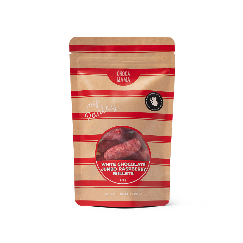 A kraft bag of Chocamama white chocolate &amp; raspberry licorice