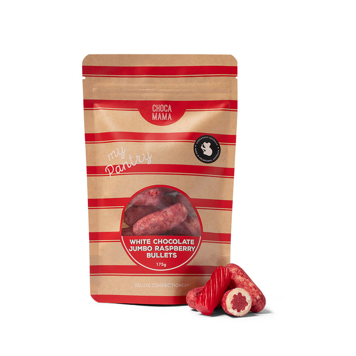 A kraft bag of Chocamama white chocolate &amp; raspberry licorice