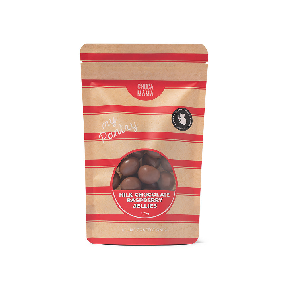 Packaged milk chocolate raspberry jellies with red and brown striped design on a white background