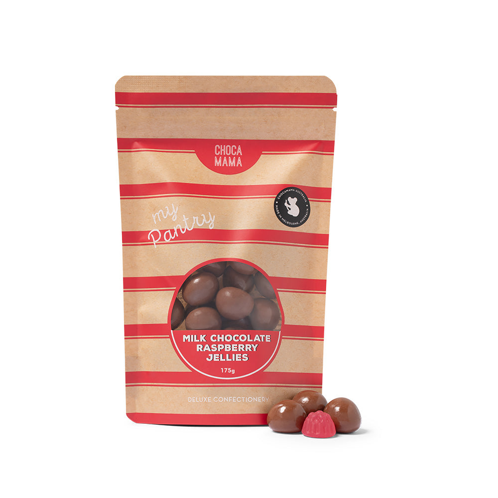 Packaged milk chocolate raspberry jellies with ChocaMama branding on a white background