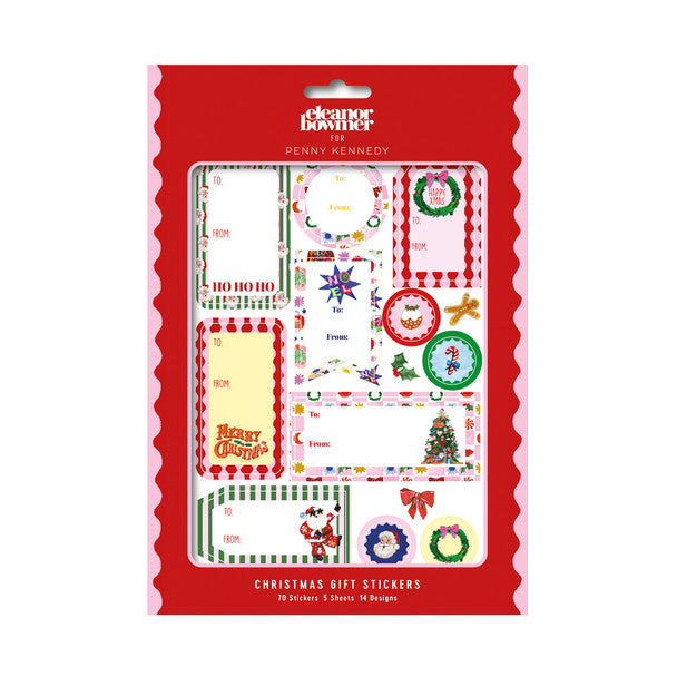 Penny Kennedy Christmas gift stickers in a red and pink package, featuring various festive labels, tags, and gift stickers with holiday designs.