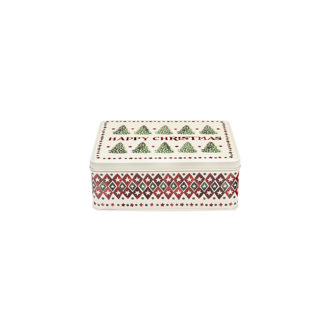 A decorative tin with a white background, featuring a pattern of green Christmas trees on the lid with &
