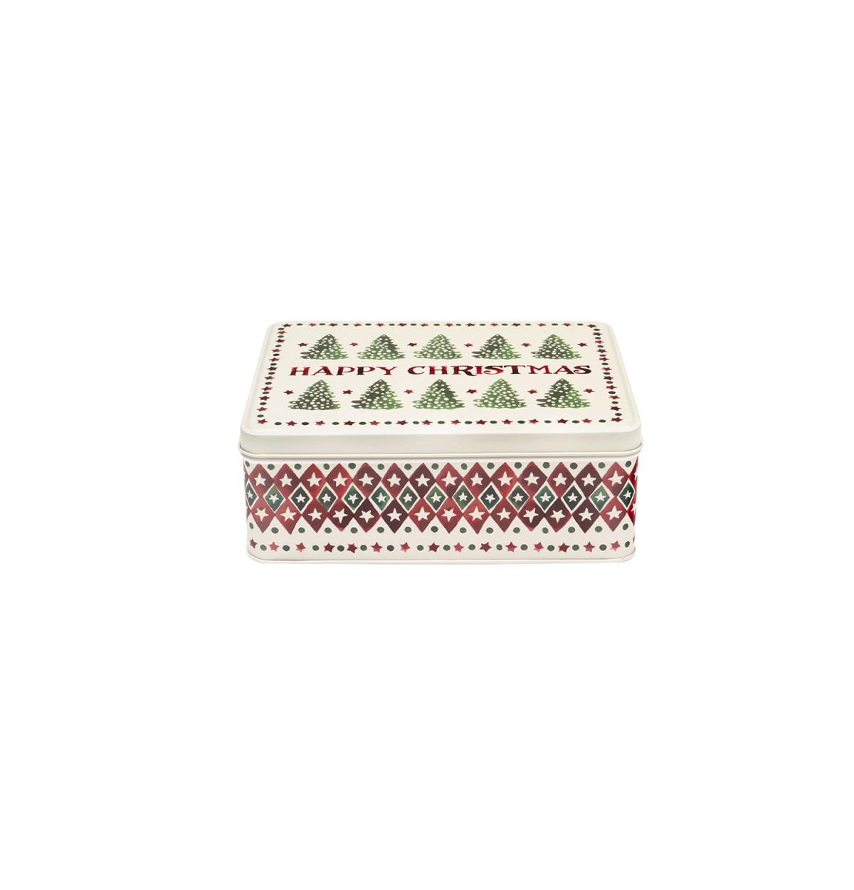 A decorative tin with a white background, featuring a pattern of green Christmas trees on the lid with 'HAPPY CHRISTMAS' written in red, and a red, green, and black geometric diamond pattern around the base.