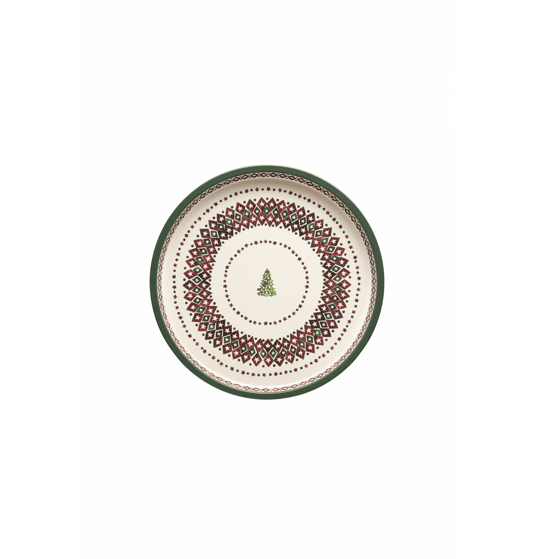A round meta tray with a festive Christmas design, featuring a dark green rim, a central green Christmas tree, and concentric rings of red, green, and black geometric patterns on a cream background.