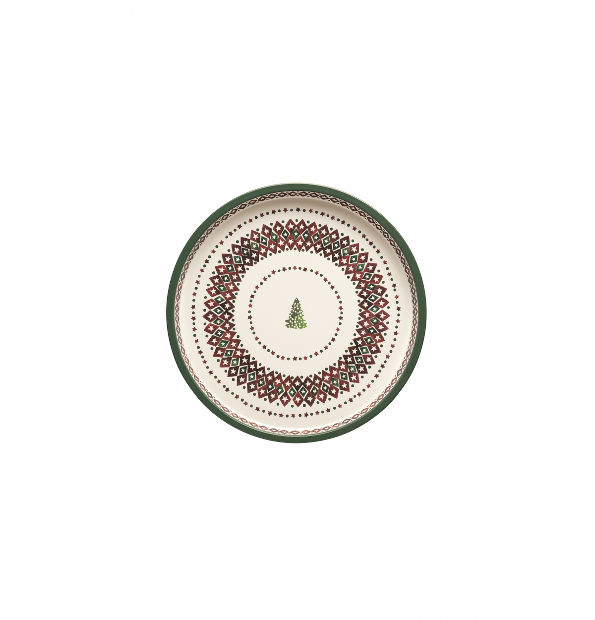 A round meta tray with a festive Christmas design, featuring a dark green rim, a central green Christmas tree, and concentric rings of red, green, and black geometric patterns on a cream background.