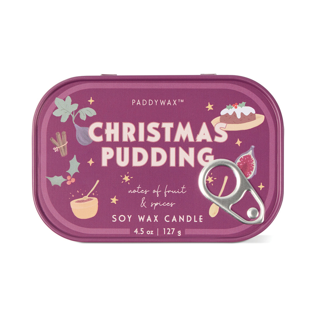 Paddywax Christmas pudding soy wax candle tin with colorful illustrations on a white background