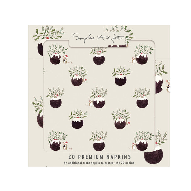 Christmas themed paper napkins with Christmas pudding designs. On white background.